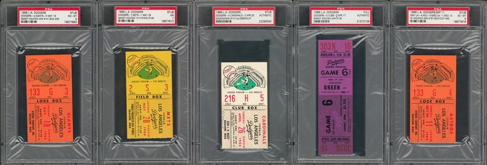 1966 Sandy Koufax Winning Pitcher Ticket Collection With Many High Grade Examples - Lot of 8 (PSA)